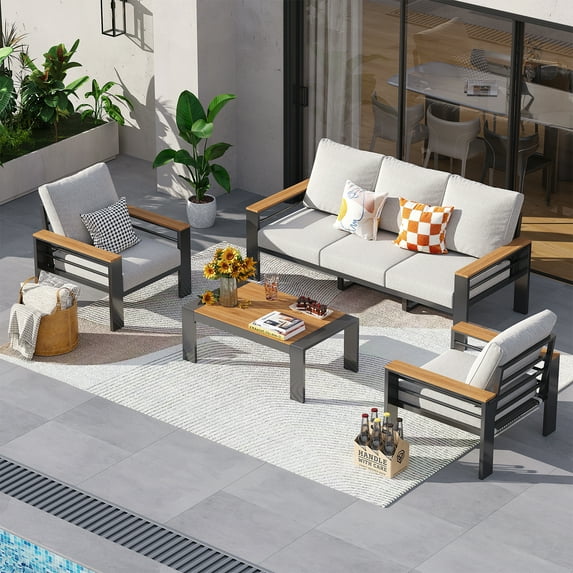 Clouddwell 5-Seats Outdoor Patio Sectional Set with Coffee Table & Cushions - Aluminum Furniture for Terrace/Garden/Poolside (Gray)
