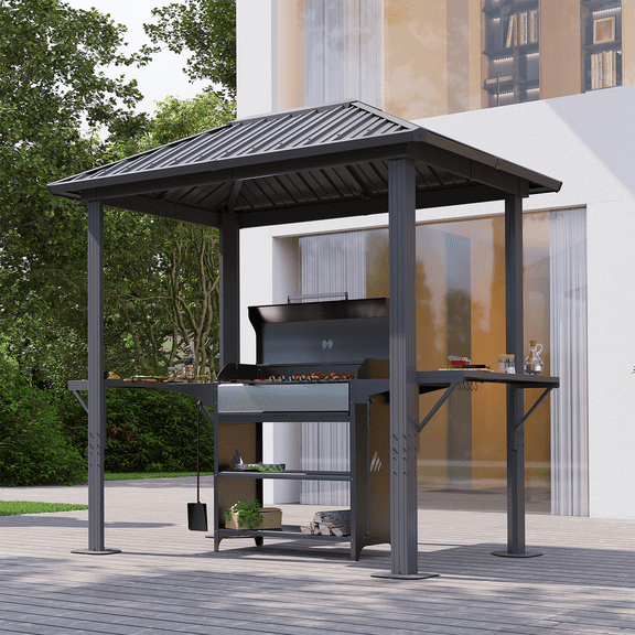 Dateyes 5' x 8' Grill Hardtop Gazebo,Outdoor BBQ Pavilion with Galvanized Steel Roof, Aluminum Frame, Shelves, for Lawn, Garden, Patio, or Backyard