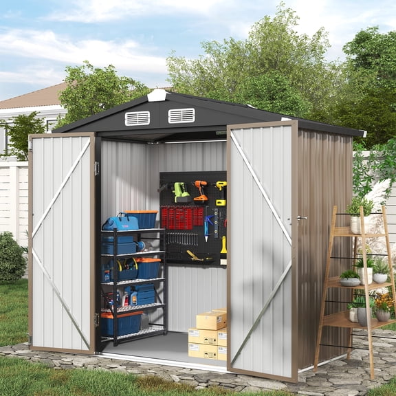 Clouddwell 6.2x4ft Galvanized Steel Storage Shed with Floor & Double Doors - Brown