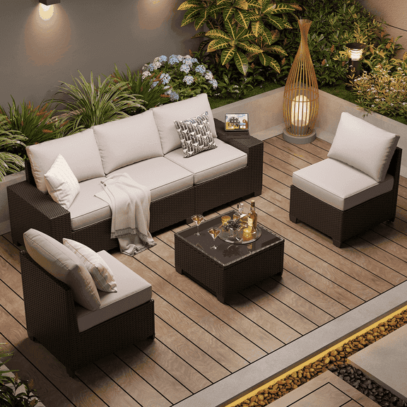 Clouddwell 6-Piece Outdoor Patio Set, 8-Inches Widen Armrest, All-Weather Wicker Sectional with Coffee Table, Gray
