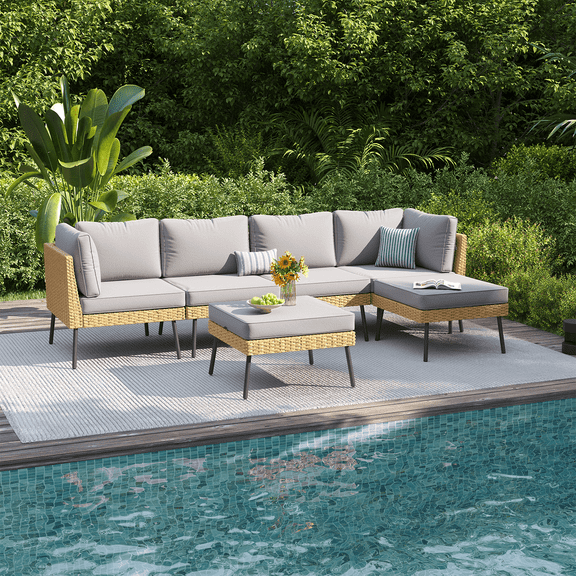 Clouddwell 6-Piece Patio Furniture Set, Wicker Outdoor Furniture with Water Resistant Thick Cushions, Patio Conversation Set Outdoor Sectional Sofa with Coffee Table for Backyard Poolside, Light Gray