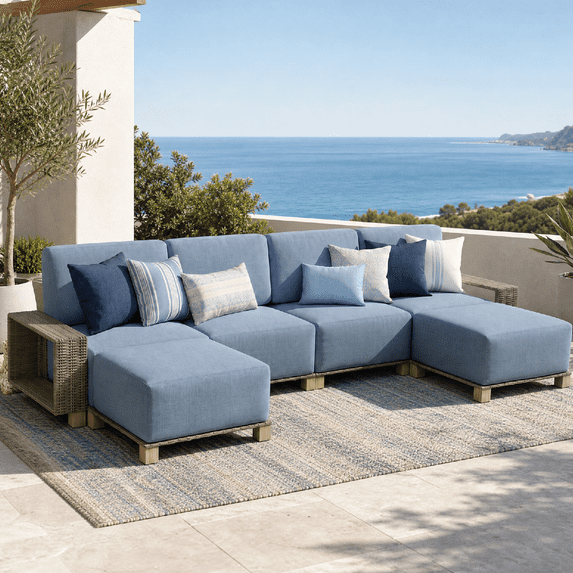 Clouddwell 6 Pieces Wicker Patio Furniture Set, Wicker Outdoor Sectional Sofa with 10 Inches Thick Cushions,Blue