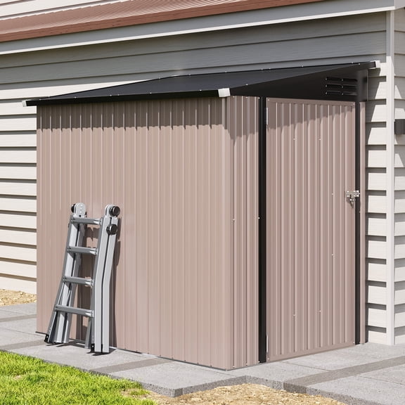 Clouddwell 6 x 4 Ft. Outdoor Metal Storage Shed, Lockable Lean-To Galvanized Steel Utility Shed with Slanted Roof, Brown
