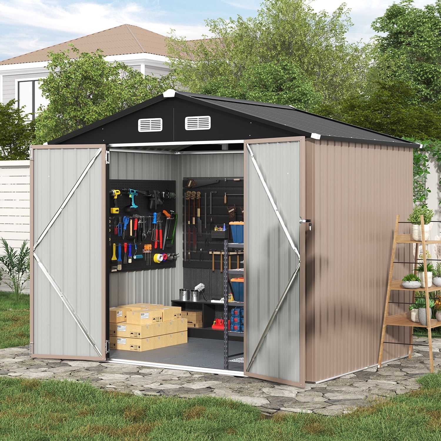Walmart daily deals:  Clouddwell 7.4x5.3ft Galvanized Steel Storage Shed with Floor & Double Doors - Brown
