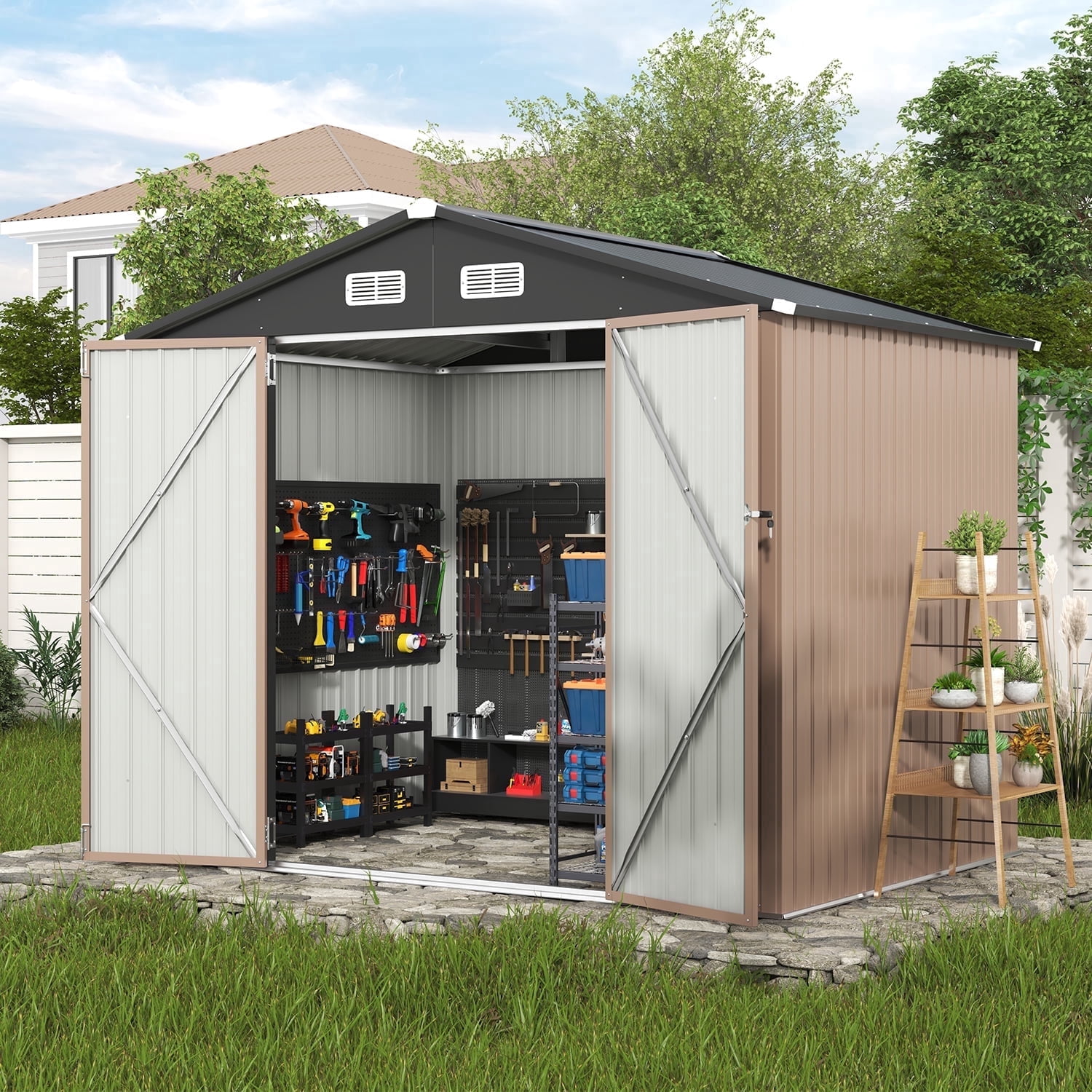Clouddwell 7.5x5 ft. Outdoor Storage Shed, Brown Metal Garden Shed with Double Lockable Doors for Backyard, Patio