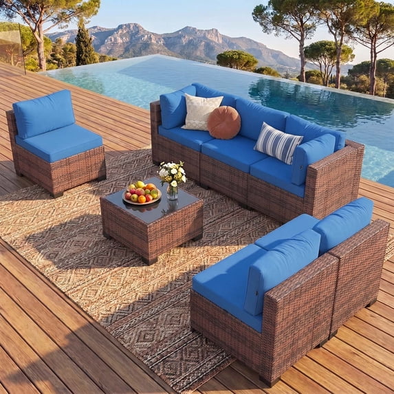 Clouddwell 7 Piece Outdoor Patio Furniture Set, Wicker Rattan Patio Sectional Sofa Set, Blue