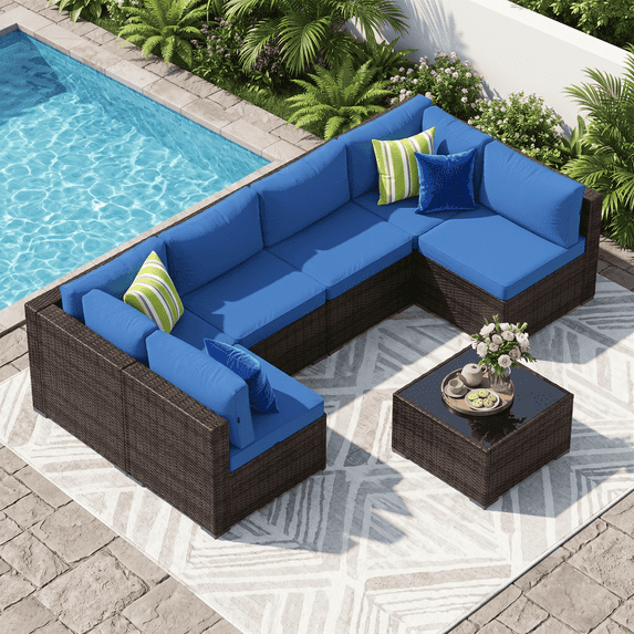 Clouddwell 7 Piece Outdoor Patio Furniture Set, Wicker Rattan Patio Sectional Sofa Set, Blue