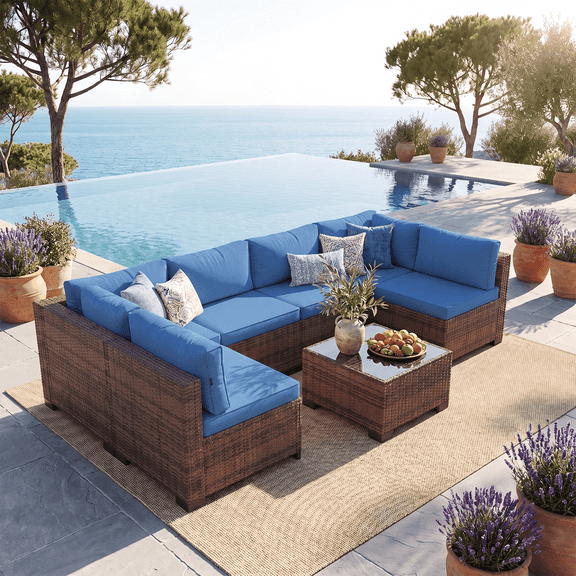Clouddwell 7 Piece Outdoor Patio Furniture Set, Wicker Rattan Patio Sectional Sofa Set, Blue