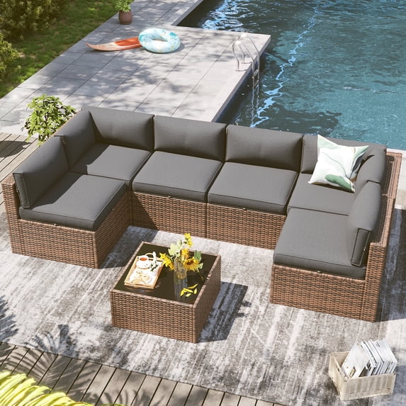 Clouddwell 7 Piece Outdoor Patio Furniture Set, Wicker Rattan Patio Sectional Sofa Set, Grey