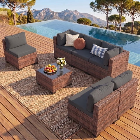 Clouddwell 7 Piece Outdoor Patio Furniture Set, Wicker Rattan Patio Sectional Sofa Set, Grey