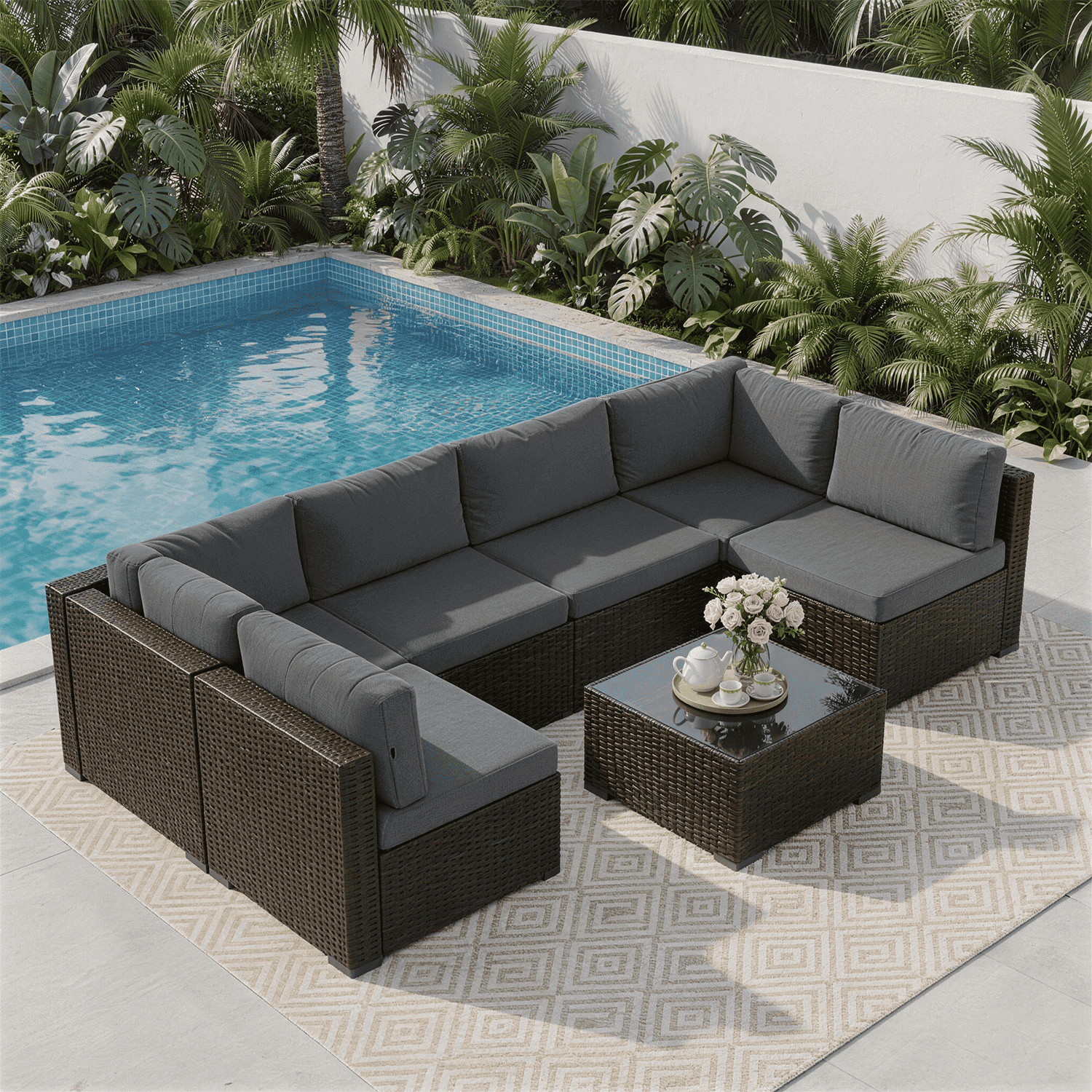 Clouddwell 7 Piece Outdoor Patio Furniture Set, Wicker Rattan Patio Sectional Sofa Set, Grey