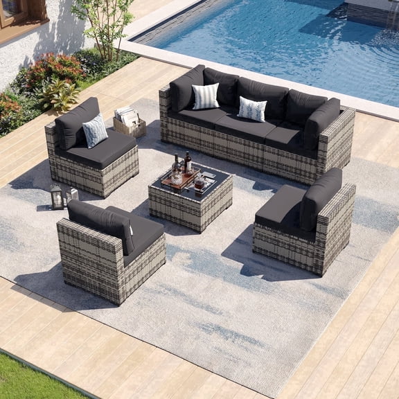 LazySunsets 7 Piece Outdoor Patio Furniture Set, Wicker Rattan Patio Sectional Sofa Set, Black