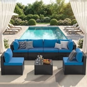 LazySunsets 7 Piece Outdoor Patio Furniture Set, Wicker Rattan Patio Sectional Sofa Set, Peacock Blue