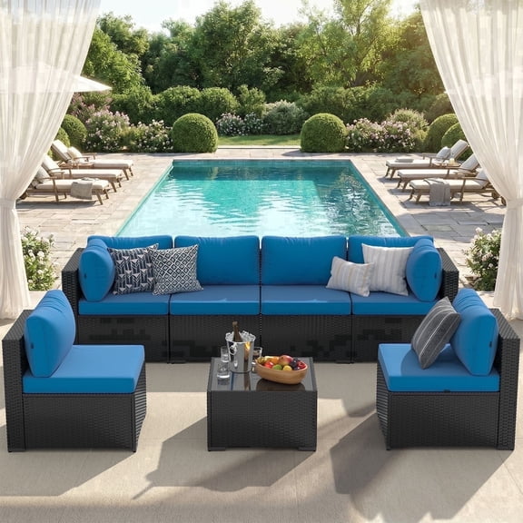 LazySunsets 7 Piece Outdoor Patio Furniture Set, Wicker Rattan Patio Sectional Sofa Set, Peacock Blue