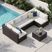 Clouddwell 7 Piece Outdoor Patio Furniture Set, Wicker Rattan Patio Sectional Sofa Sets, Off White