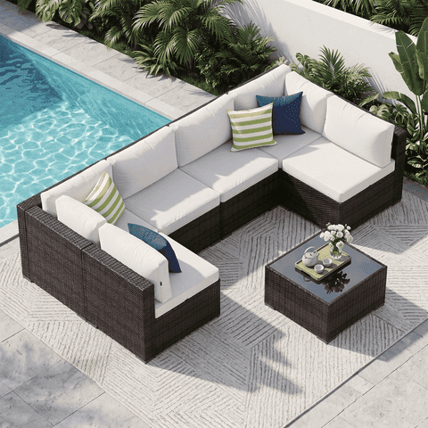 Clouddwell 7 Piece Outdoor Patio Furniture Set, Wicker Rattan Patio Sectional Sofa Sets, Off White