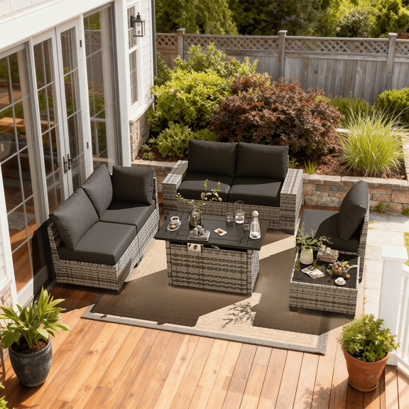 Clouddwell 7-Piece Outdoor Patio Set,4-Inch Thickened Cushions, All-Weather Wicker Sectional with Fire Table, Coffee Table & Custom Protective Cover Gray