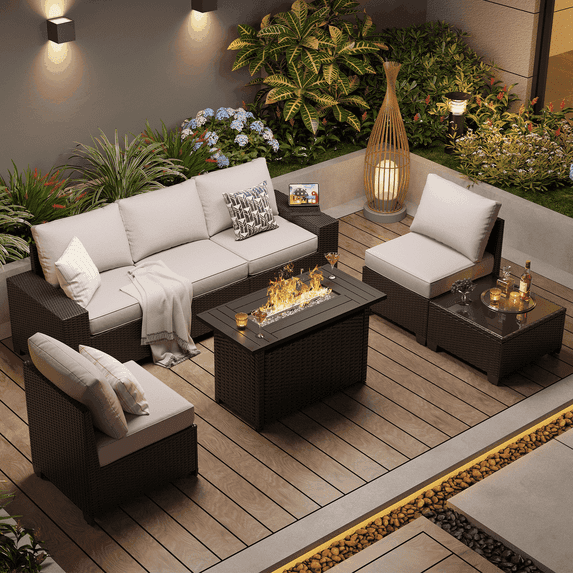 Clouddwell 7-Piece Outdoor Patio Set,4-Inch Thickened Cushions, All-Weather Wicker Sectional with Fire Table, Coffee Table, Gray