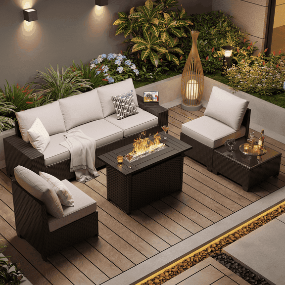 Clouddwell 7-Piece Outdoor Patio Set,4-Inch Thickened Cushions, All-Weather Wicker Sectional with Fire Table, Coffee Table, Gray