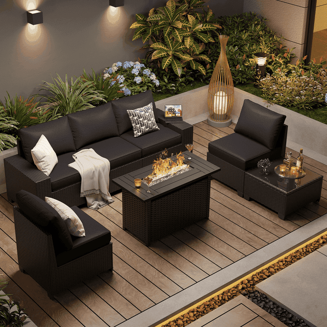 Clouddwell 7-Piece Outdoor Patio Set, 8-Inches Widen Armrest, All-Weather Wicker Sectional with Fire Table, Coffee Table, Black