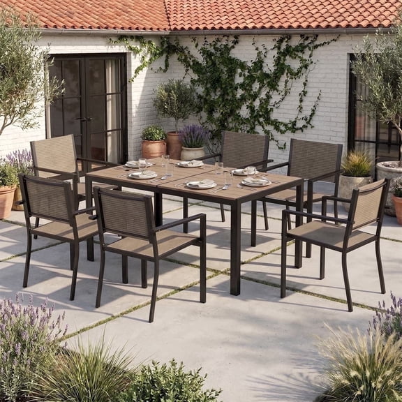Clouddwell 7‑Piece Outdoor Patio Dining Set, Expandable Metal Table with 6 Textilene Armchairs, Warm Gray Weather‑Resistant Furniture for Backyard Garden
