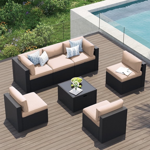 Clouddwell 7-Piece Patio Furniture Set on Sale, Black Rattan Wicker Outdoor Sectional Sofa Couch with Table Patio Conversation Set for Lawn& Backyard,Beige