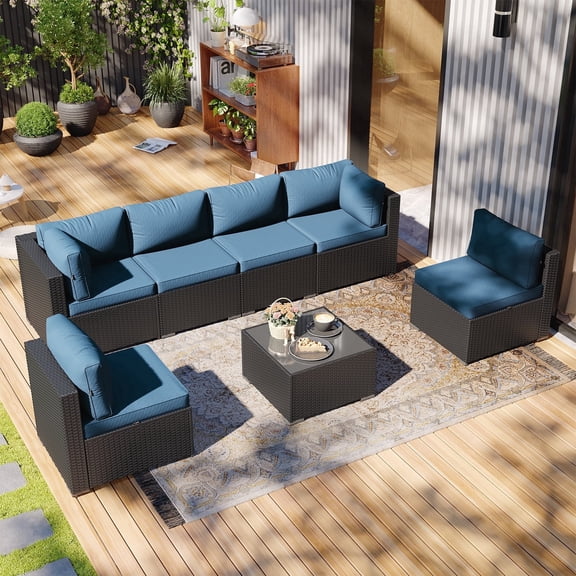 Cloulddwell 7-Piece Patio Furniture Set, Rattan Wicker Outdoor Sectional Sofa Couch for Lawn& Backyard, Blue