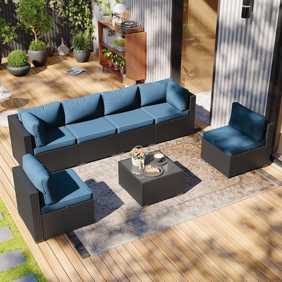 Clouddwell 7-Piece Patio Furniture Set on Sale, Black Rattan Wicker Outdoor Sectional Sofa Couch with Table Patio Conversation Set for Lawn& Backyard,Blue