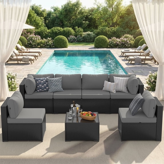 Clouddwell 7-Piece Patio Furniture Set on Sale, Black Rattan Wicker Outdoor Sectional Sofa Couch with Table Patio Conversation Set for Lawn& Backyard, Light Gray