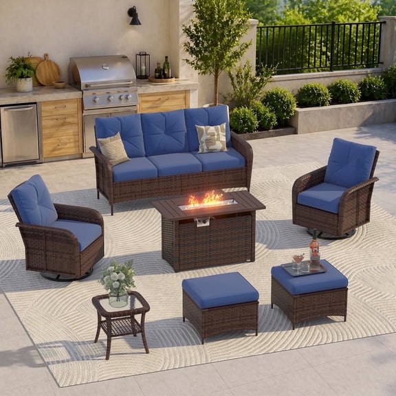 Clouddwell 7 Pieces Outdoor Patio Furniture Set, Rattan Wicker Sectional Swivel Rocker Chairs Sets with Fire Pit, Blue/Brown