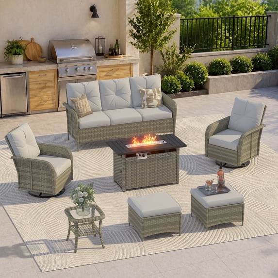 Clouddwell 7 Pieces Outdoor Patio Furniture Set, Rattan Wicker Sectional Swivel Rocker Chairs Sets with Fire Pit, Light Gray/Yellow