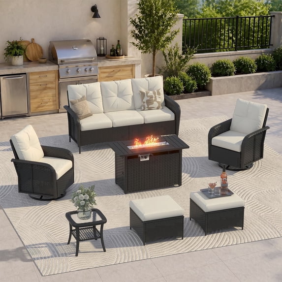 Clouddwell 7 Pieces Outdoor Patio Furniture Set, Rattan Wicker Sectional Swivel Rocker Chairs Sets with Fire Pit, Off White/Black