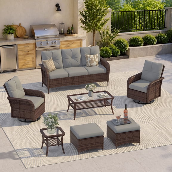 Clouddwell 7 Pieces Outdoor Patio Furniture Set, Rattan Wicker Sectional Swivel Rocker Chairs Sets with Table, Light Gray/Brown