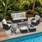 Clouddwell 7 Pieces Outdoor Patio Furniture Set, Rattan Wicker Sectional Swivel Rocker Chairs Sets with Table, Off White/Black deal from Walmart