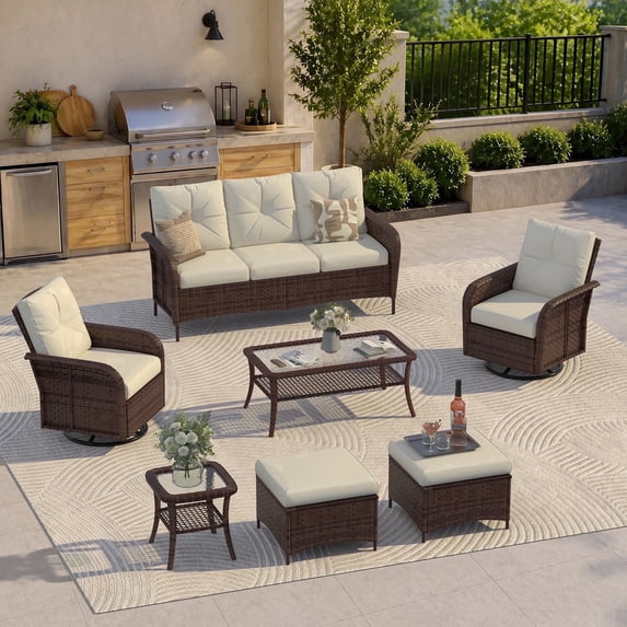 Clouddwell 7 Pieces Outdoor Patio Furniture Set, Rattan Wicker Sectional Swivel Rocker Chairs Sets with Table, Off White/Brown