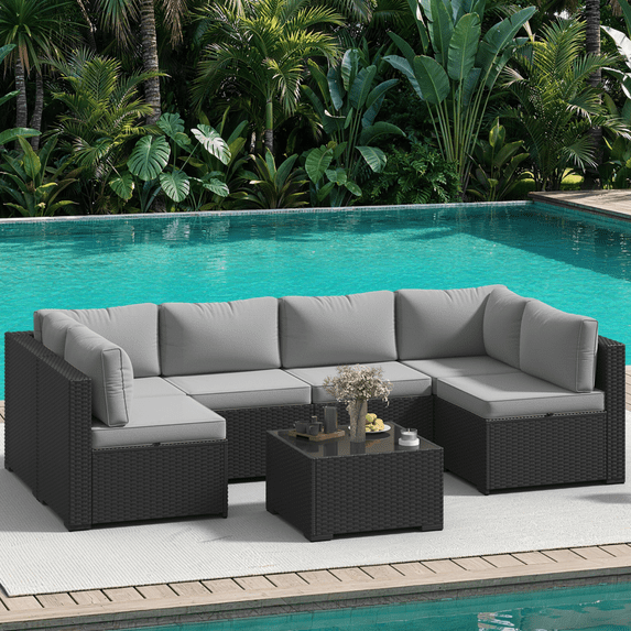 Clouddwell 7 Pieces Patio Furniture Set, All-Weather Wicker Rattan Patio Sectional Sofa Set with Coffee Table (Light Gray)