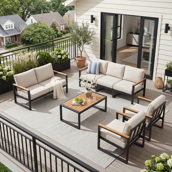Clouddwell 7-Seat Patio Conversation Set, Heavy-Duty Metal Outdoor Furniture, Loveseat for Deck, Porch, Balcony (Beige)