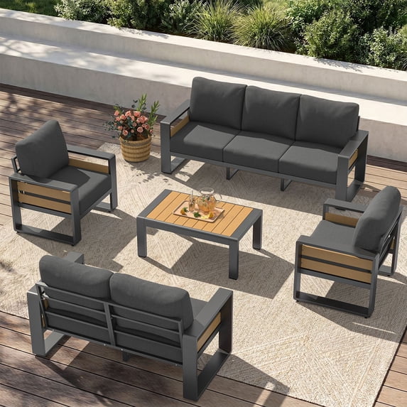 Clouddwell 7-Seats Aluminum Patio Furniture Set, Outdoor Metal Sofa Conversation Set with Coffee Table for Pool Garden Porch Backyard, Dark Gray