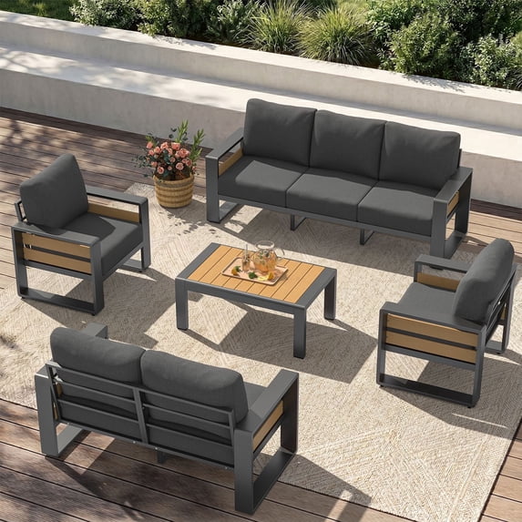 Clouddwell 7-Seats Aluminum Patio Furniture Set, Outdoor Metal Sofa Conversation Set with Coffee Table for Pool Garden Porch Backyard, Dark Gray