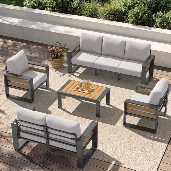 Clouddwell 7-Seats Aluminum Patio Furniture Set, Outdoor Metal Sofa Conversation Set with Coffee Table for Pool Garden Porch Backyard, Light Gray