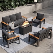 Clouddwell 7-Seats Outdoor Patio Sectional Set with Fire Pit & Cushions - Aluminum Furniture for Terrace/Garden/Poolside (Gray)