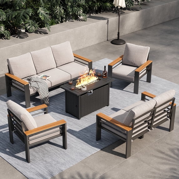 Clouddwell 7-Seats Outdoor Patio Sectional Set with Fire Pit& Cushions - Aluminum Furniture for Terrace/Garden/Poolside (Gray)