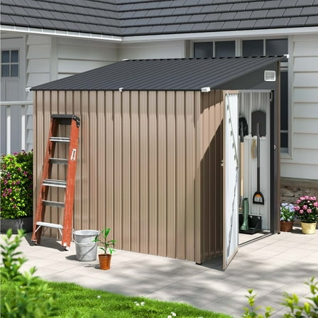 Clouddwell 7.5 x 6.4 Ft. Outdoor Metal Storage Shed, Lockable Lean-To Galvanized Steel Utility Shed with Slanted Roof, Brown