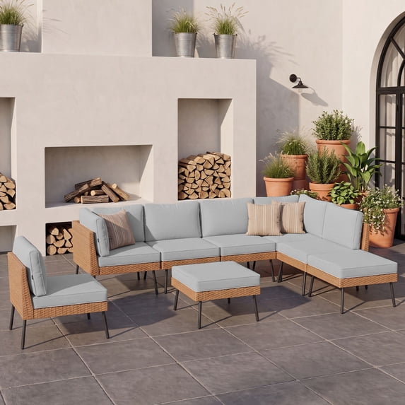 Clouddwell 8 Piece Light Gray Wicker Patio Sectional Conversation Set, Water Resistant Thick Cushions & Coffee Table for Backyard Poolside