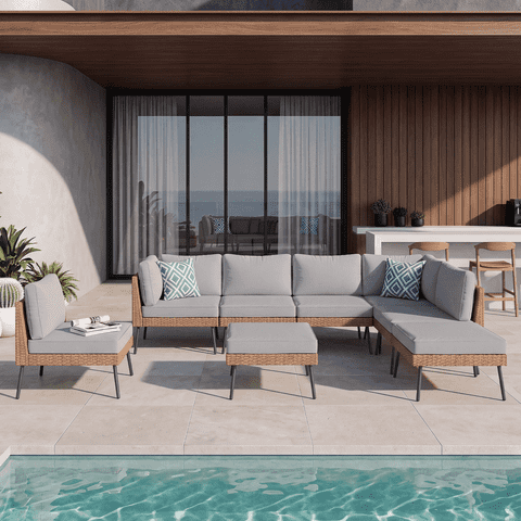 Clouddwell 8-Piece Light Gray Wicker Patio Sectional Conversation Set, with Water Resistant Thick Cushions & Ottoman for Backyard Poolside
