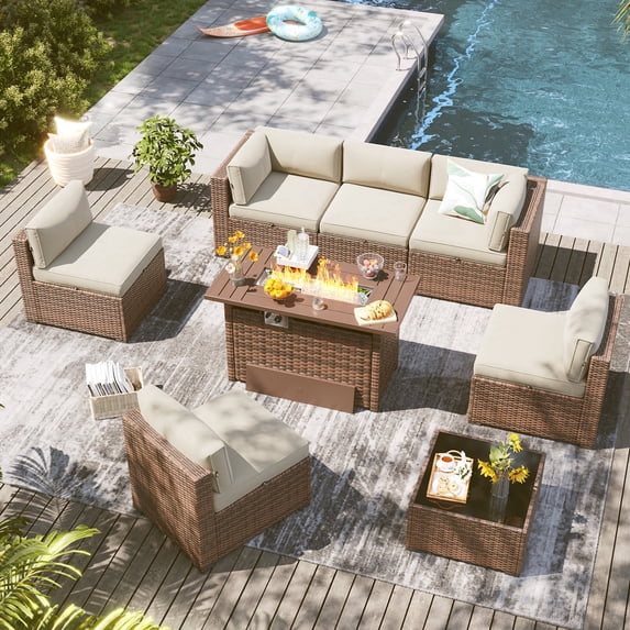 Clouddwell 8 Piece Outdoor Patio Furniture Set with 44" Fire Pit Table, Wicker Rattan Patio Sectional Sofa Set (Beige)