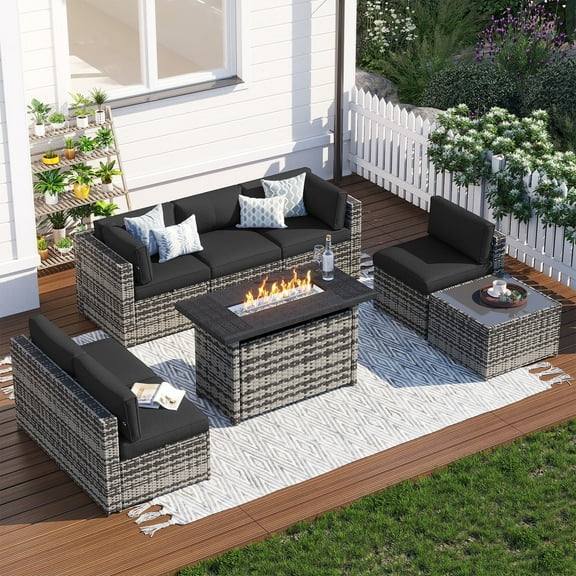 Clouddwell 8 Piece Patio Furniture Set with 44” Fire Pit Table Wicker Rattan Patio Conversation Set Outdoor Sectional Sofa Set with Coffee Table and Black Cushions(Waterproof Cover Included)