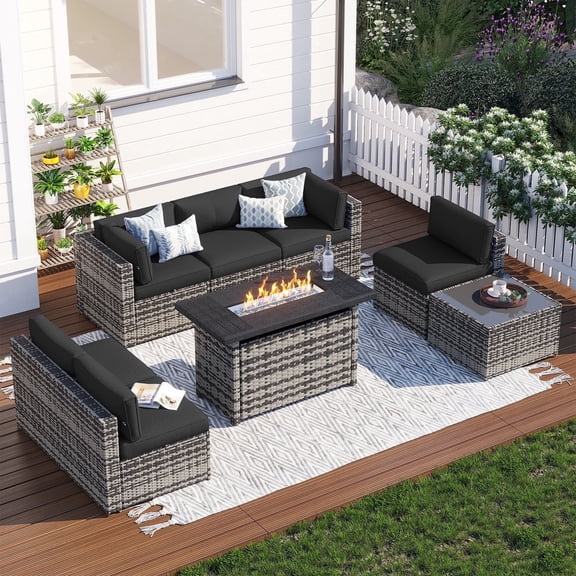 Clouddwell 8 Piece Patio Furniture Sets with Fire Pit Table, Outdoor Furniture Conversation Set With Coffee Table and Black Cushions