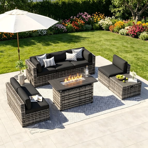 Clouddwell 8 Piece Patio Furniture Sets with Fire Pit Table, Outdoor Furniture Conversation Set With Coffee Table and Black Cushions