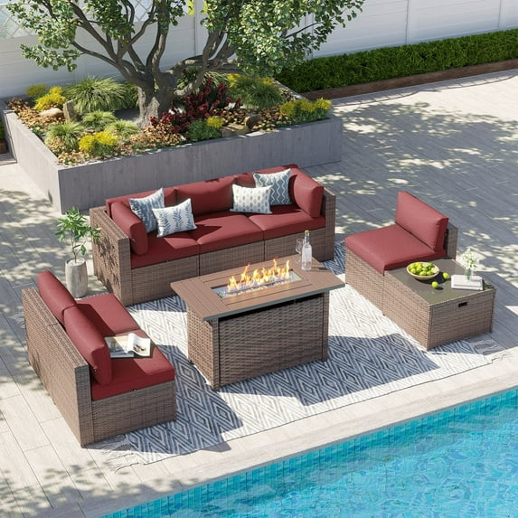 Clouddwell 8 Piece Patio Furniture Set with 44” Fire Pit Table Wicker Rattan Patio Conversation Set Outdoor Sectional Sofa Set with Coffee Table and Blue Cushions(Waterproof Cover Included)